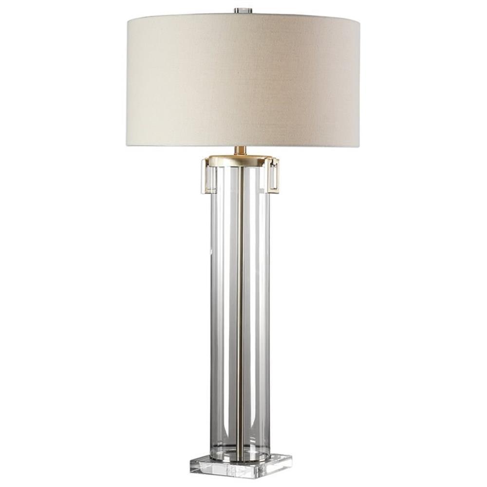 Tall Clear Acrylic Cylinder Table Lamp with Off-White Drum Shade