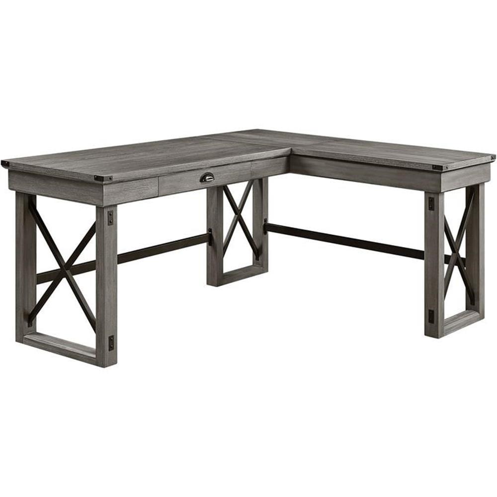 Weathered Gray L-Shaped Wood Writing Desk with Drawer