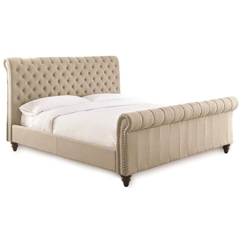 Bowery Hill Transitional Fabric Upholstered King Sleigh Bed in Sand Beige