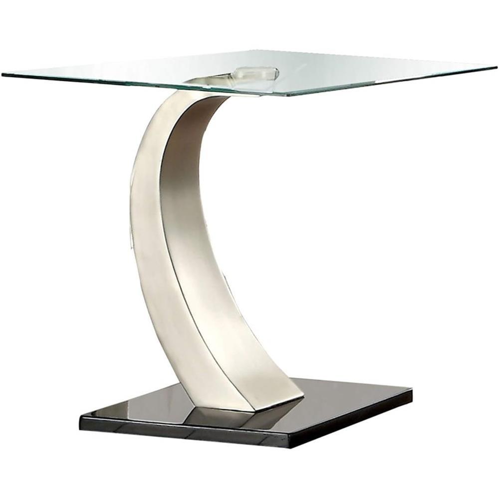 Benjara Glass Top End Table with Curved Pedestal Base, Black and Gray