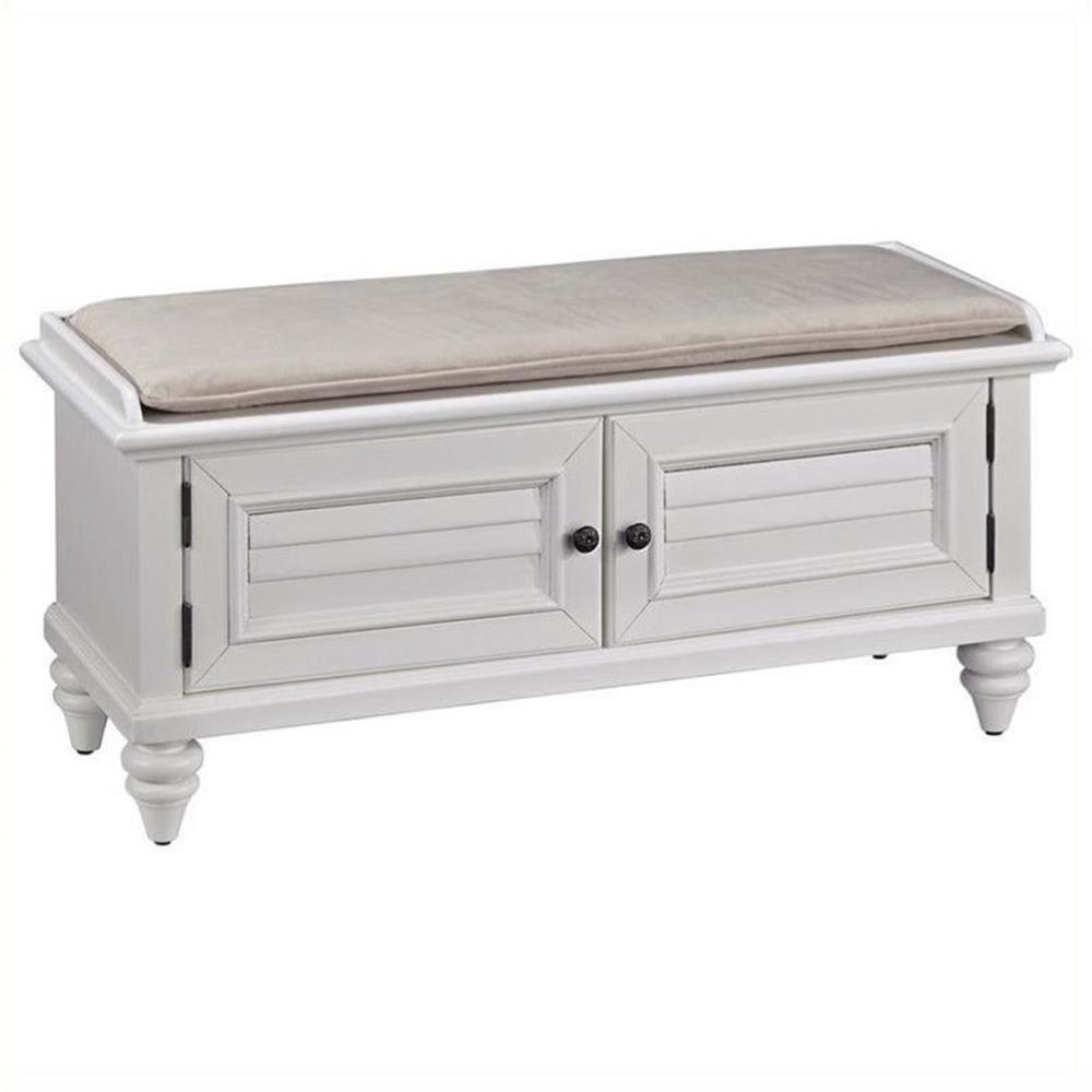 Brushed White Poplar Shutter-Style Upholstered Storage Bench