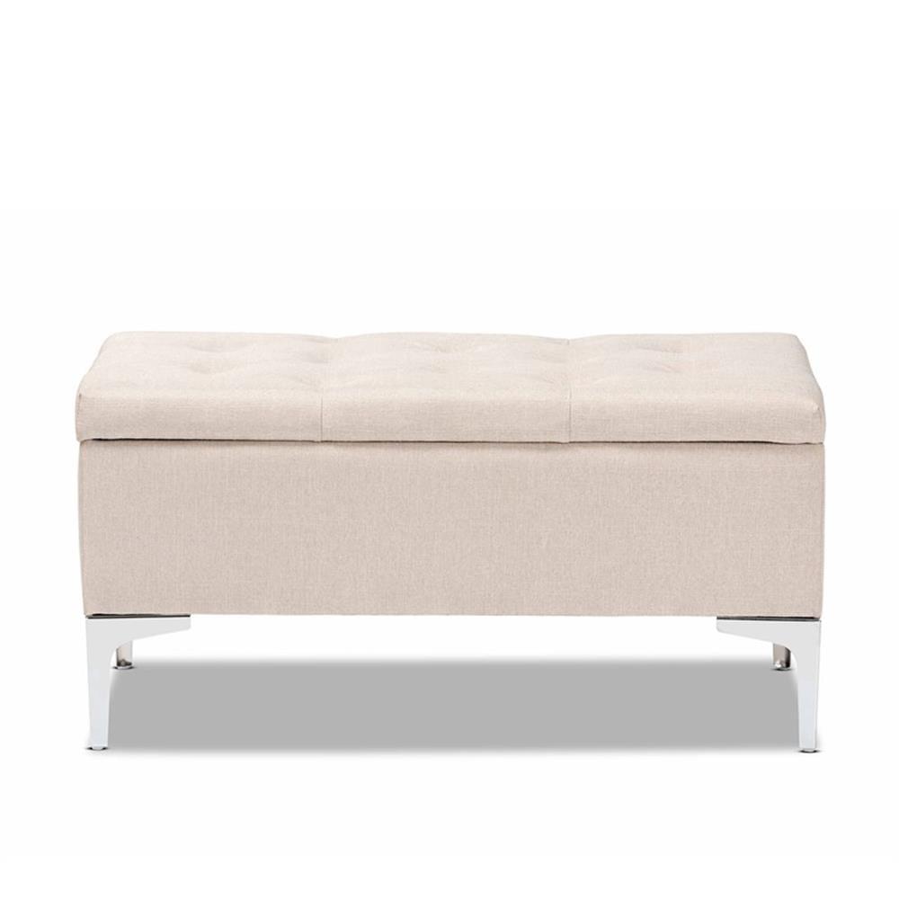 Beige Tufted Fabric Upholstered Storage Ottoman with Silver Metal Legs