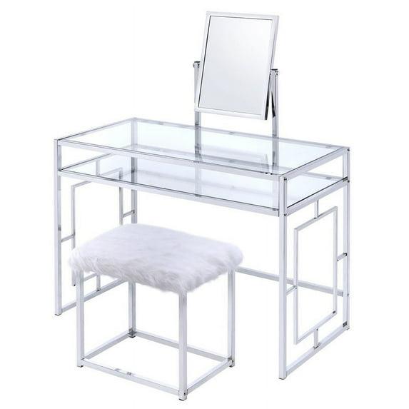 Acme Furniture Carenze Ii Vanity Table White Faux Fur/Chrome Finish