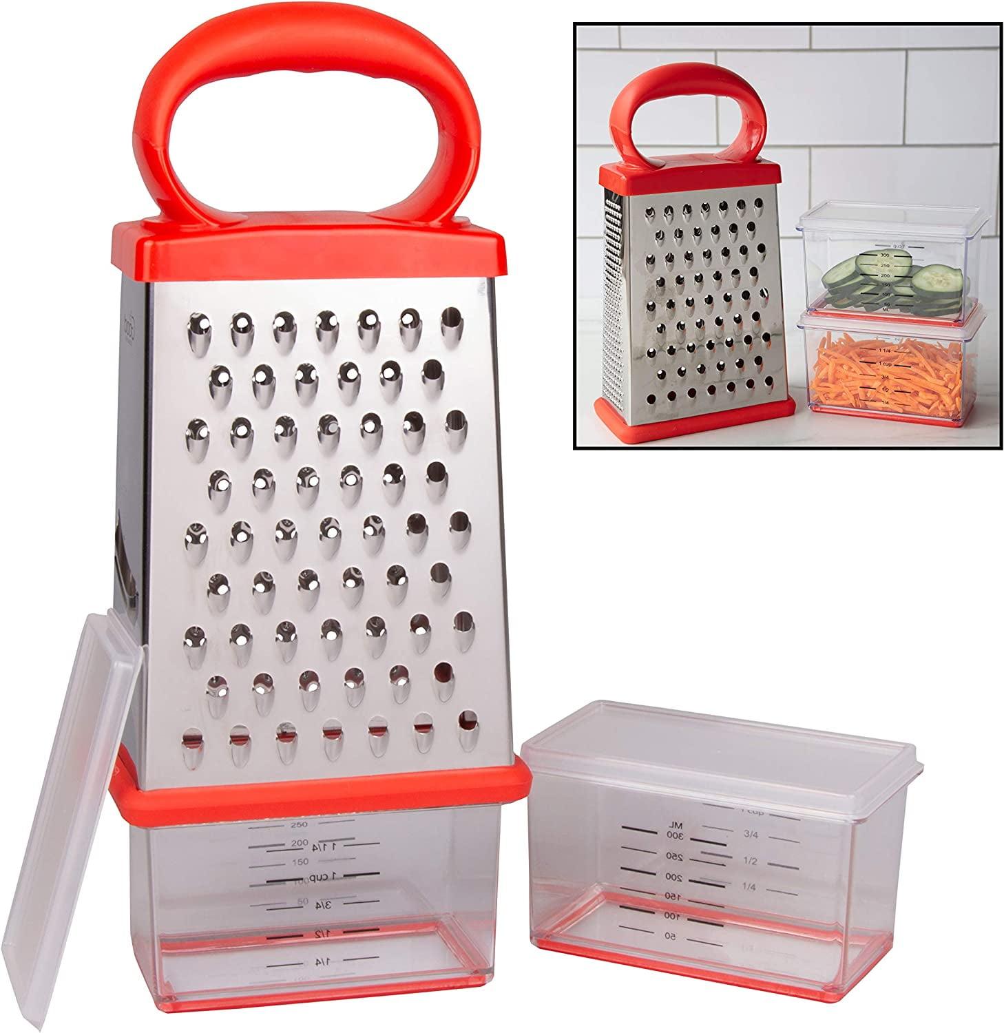 Good Cooking Box Cheese Grater w 2 Attachable Storage Containers- 4-Sided Stainless Steel Slicer and Shredder- 2 Hoppers for Cheeses