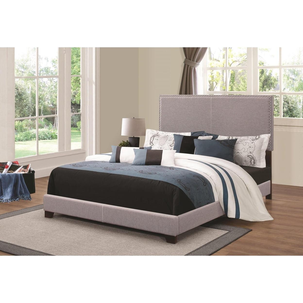 Gray King Upholstered Bed with Nailhead Trim and Wood Frame