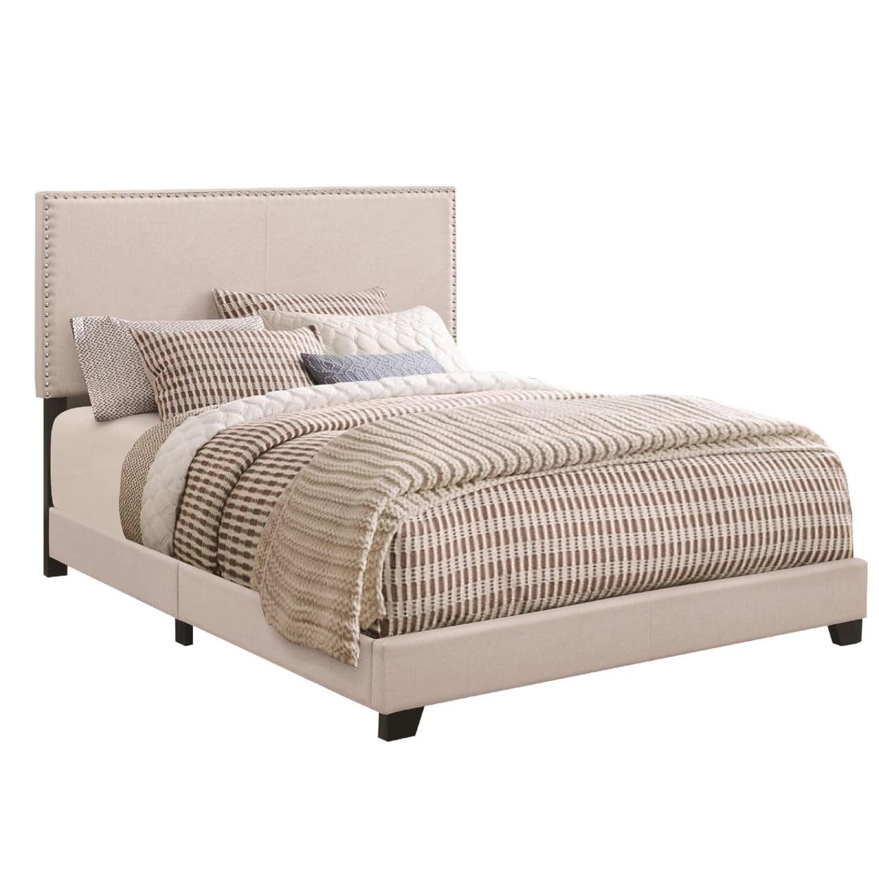 Contemporary Ivory Full Upholstered Bed with Nailhead Trim and Storage Drawer