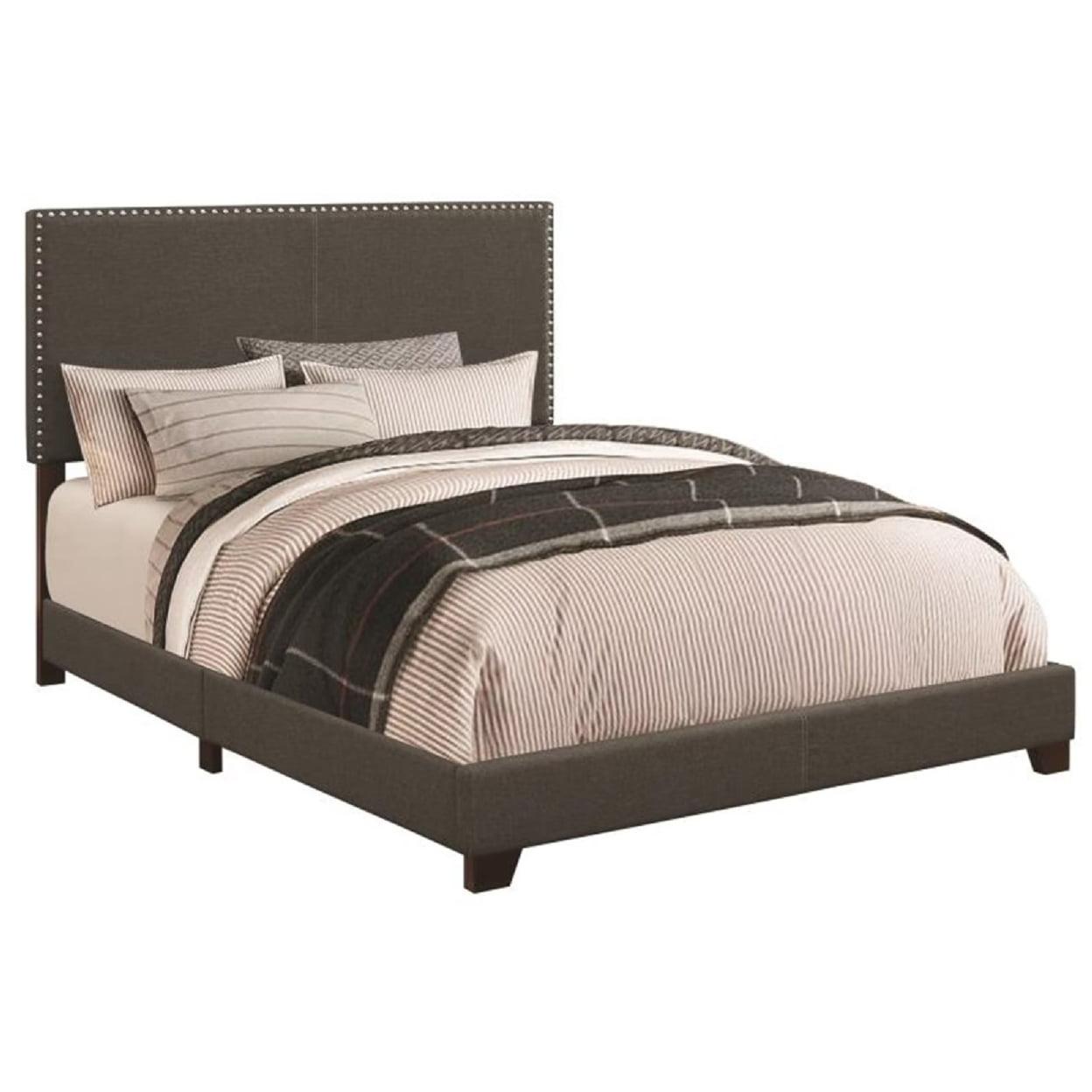 Charcoal Gray Queen Upholstered Bed with Sleek Nailhead Trim