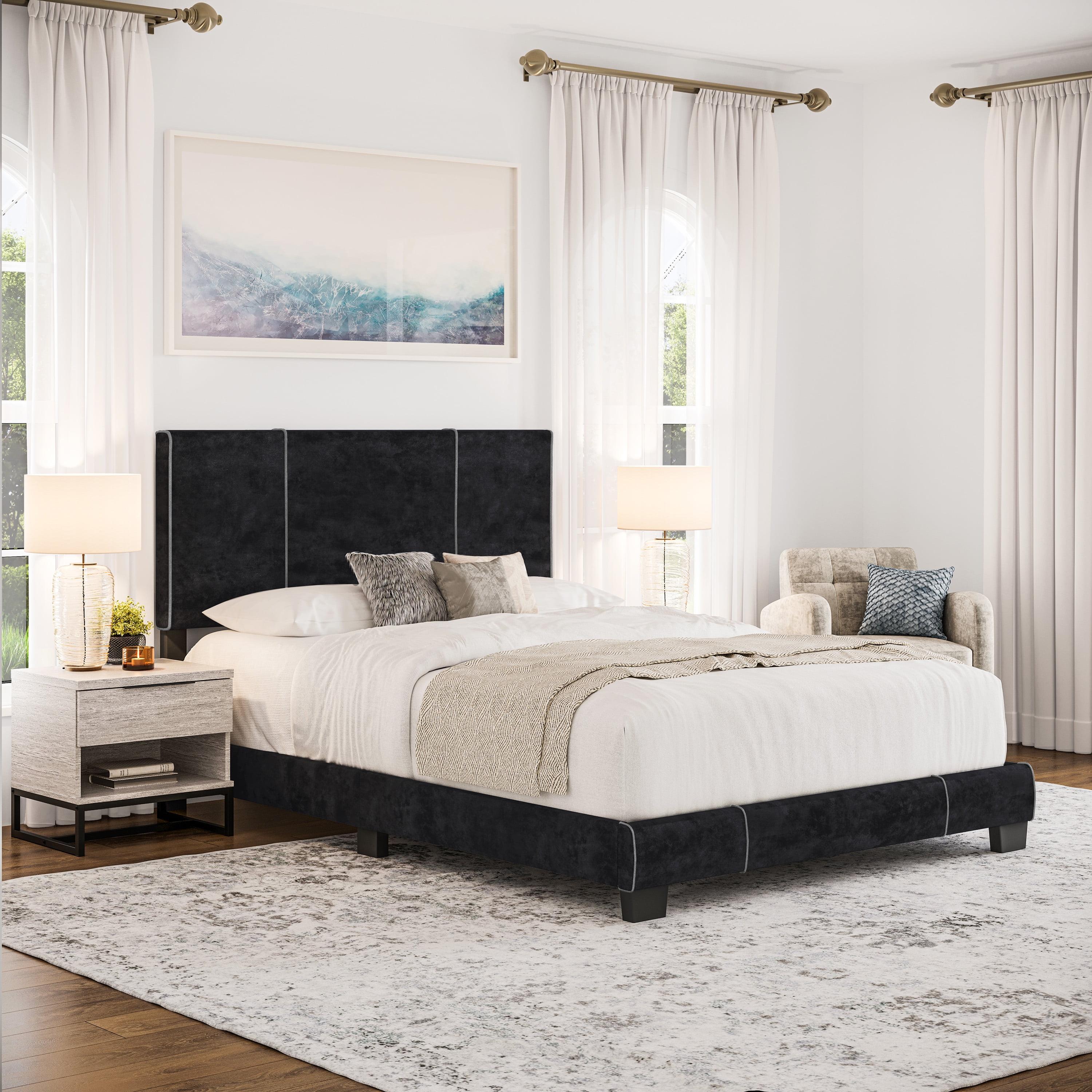 Lucena Black Velvet Upholstered Queen Platform Bed with Headboard