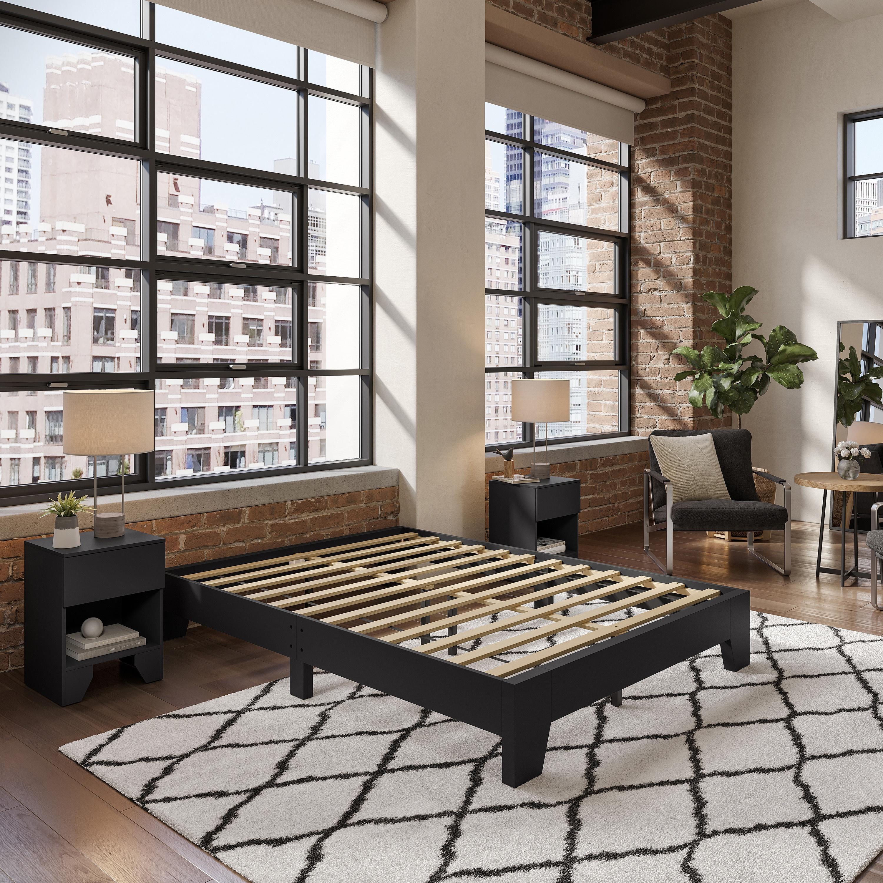 Lugano Black Full Wood Platform Bed Frame with Drawer