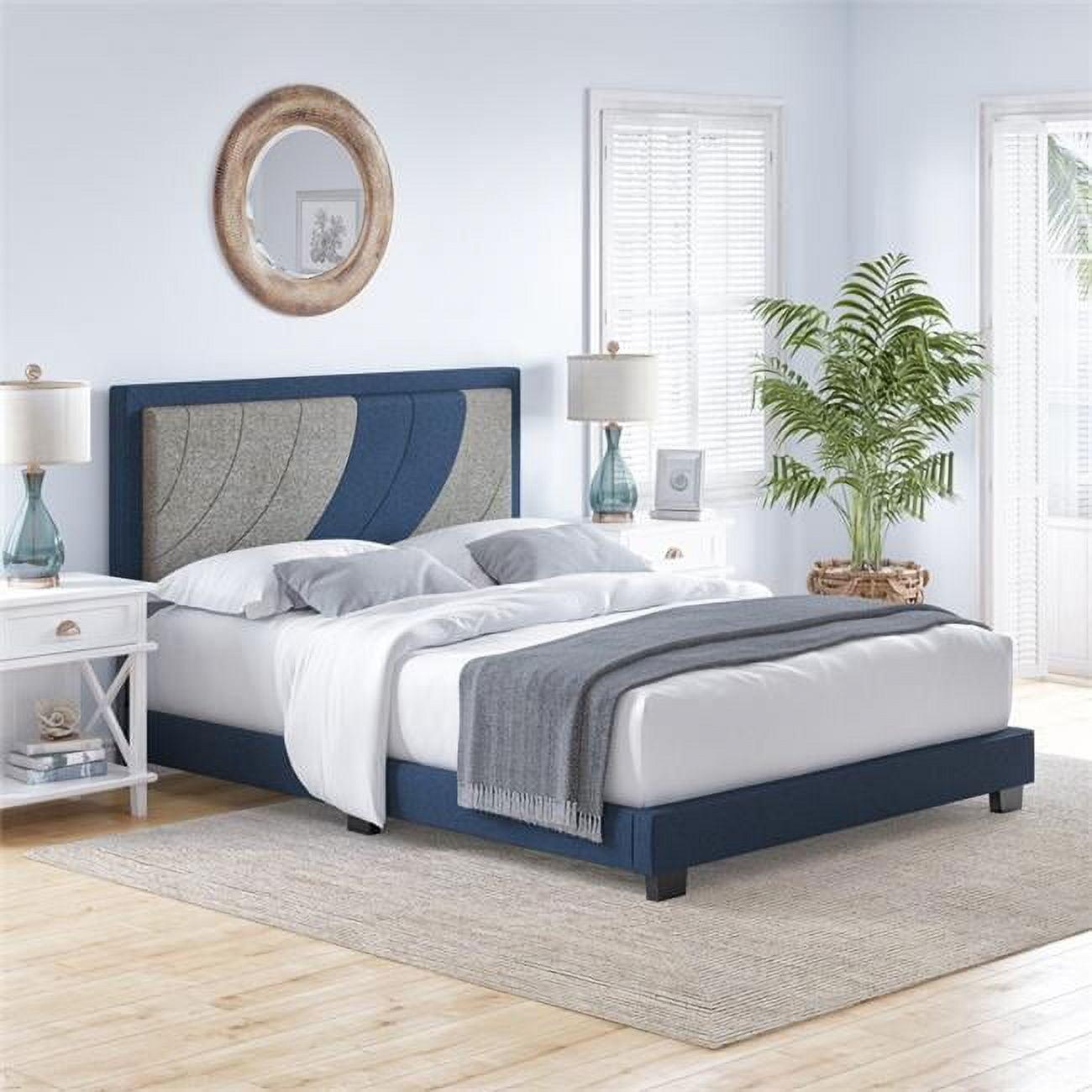 Full Blue and Gray Linen Upholstered Platform Bed with Headboard