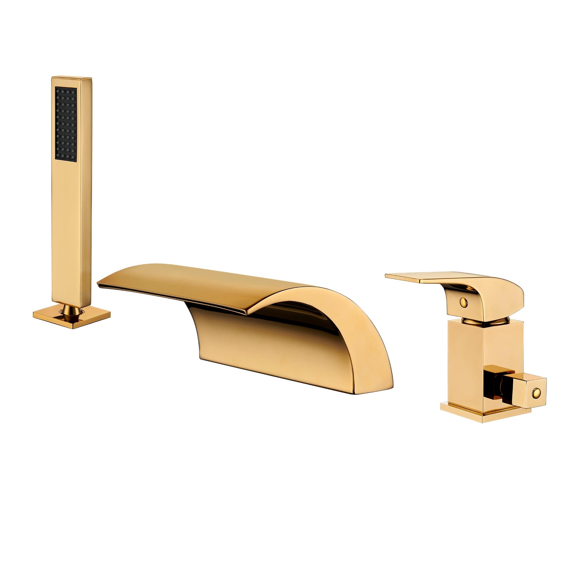 Gold Deck Mounted Waterfall Tub Faucet with Hand Shower