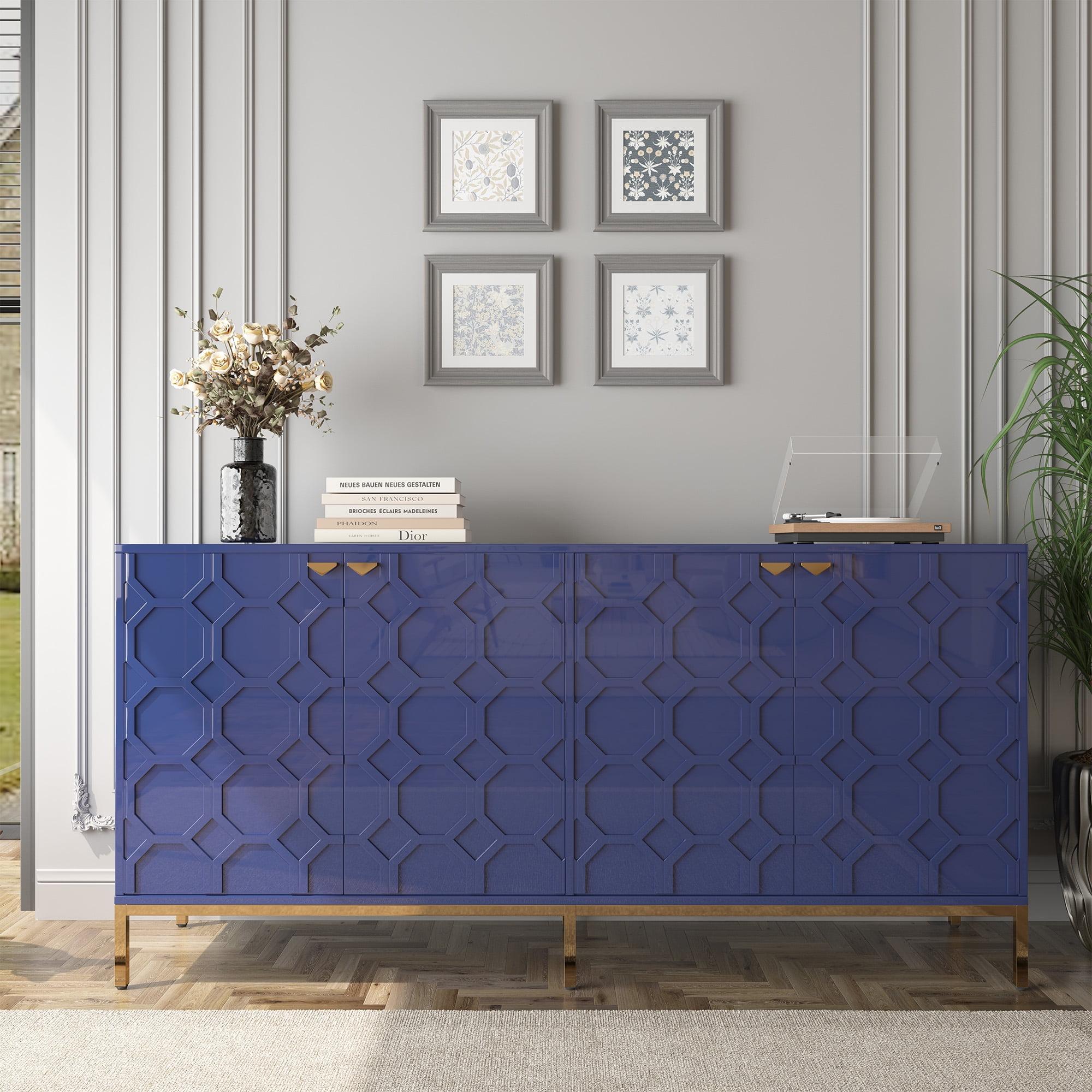 Blue Geometric Pattern Lockable Office Accent Cabinet with Adjustable Shelving