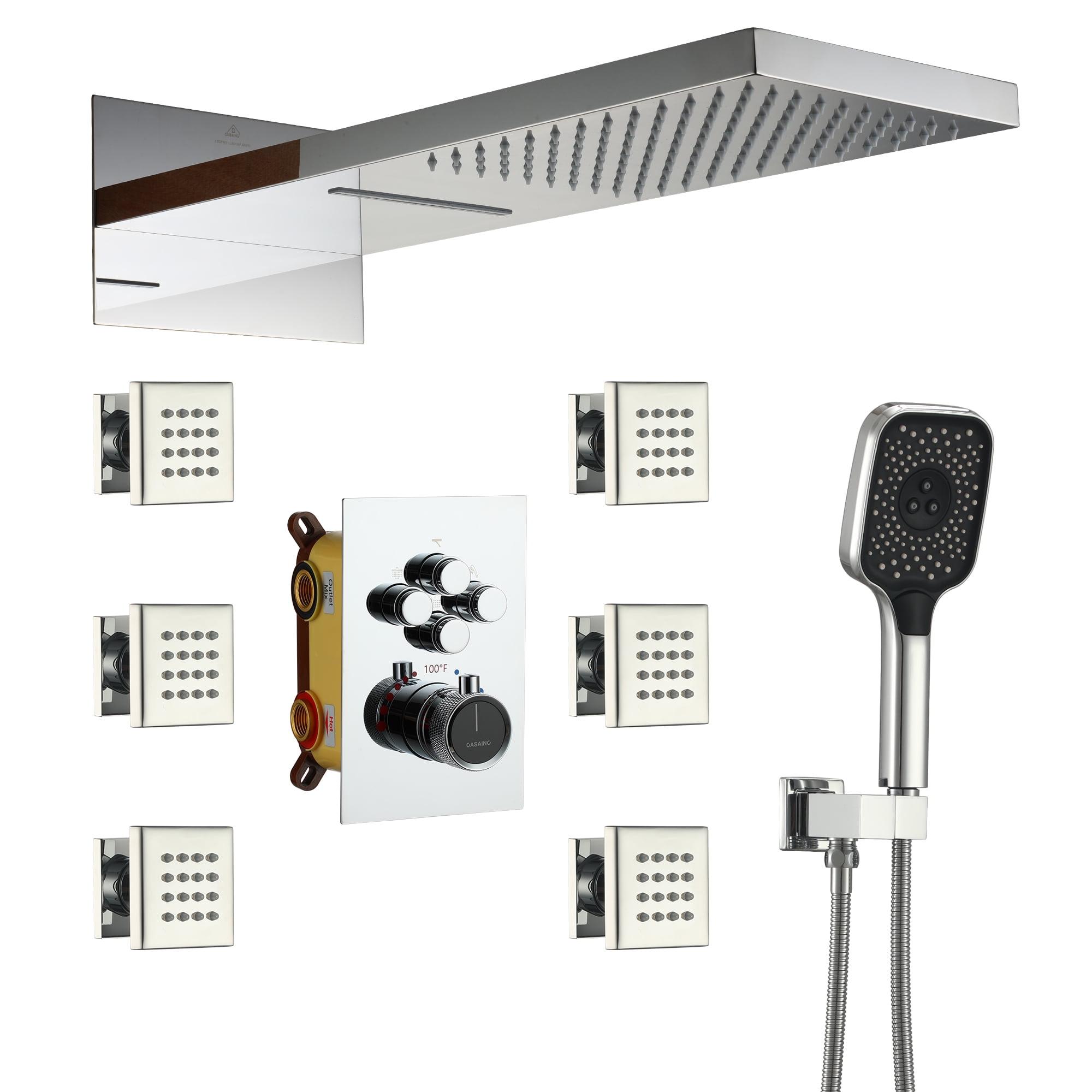 Cascade Bliss 4-Function 20 Inch Wall Mounted Rectangular Rainfall Thermostatic Shower System With 6 Body Jets