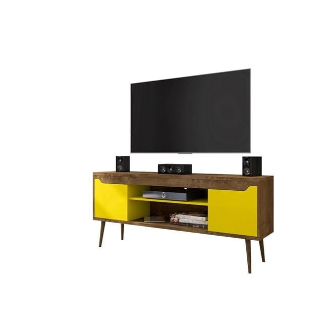 Manhattan Comfort Bradley TV Stand for TVs up to 60" Rustic Brown/Yellow: Mid-Century Modern Media Console with Open Shelves