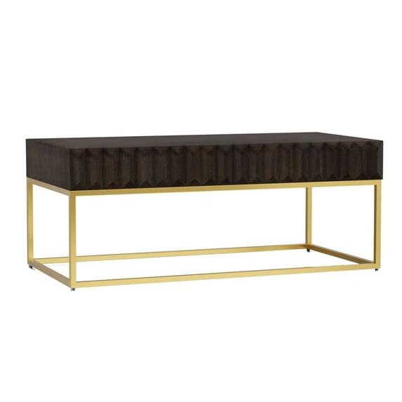 Bran 48 Inch Rectangular Coffee Table Brown Wood Gold Base 2 Drawers