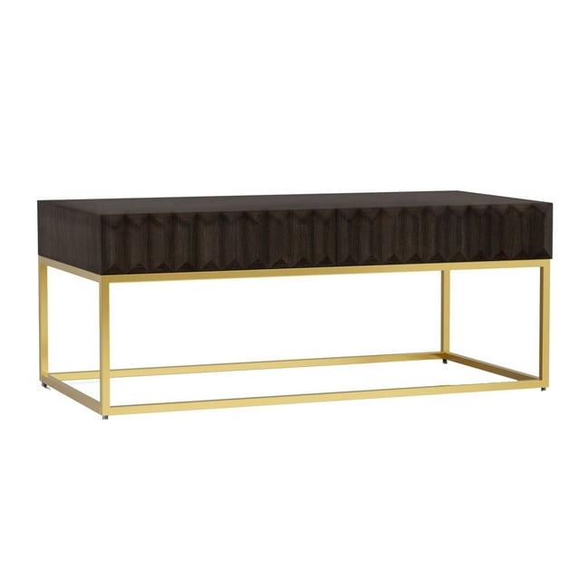 Bran 48 Inch Rectangular Coffee Table Brown Wood Gold Base 2 Drawers