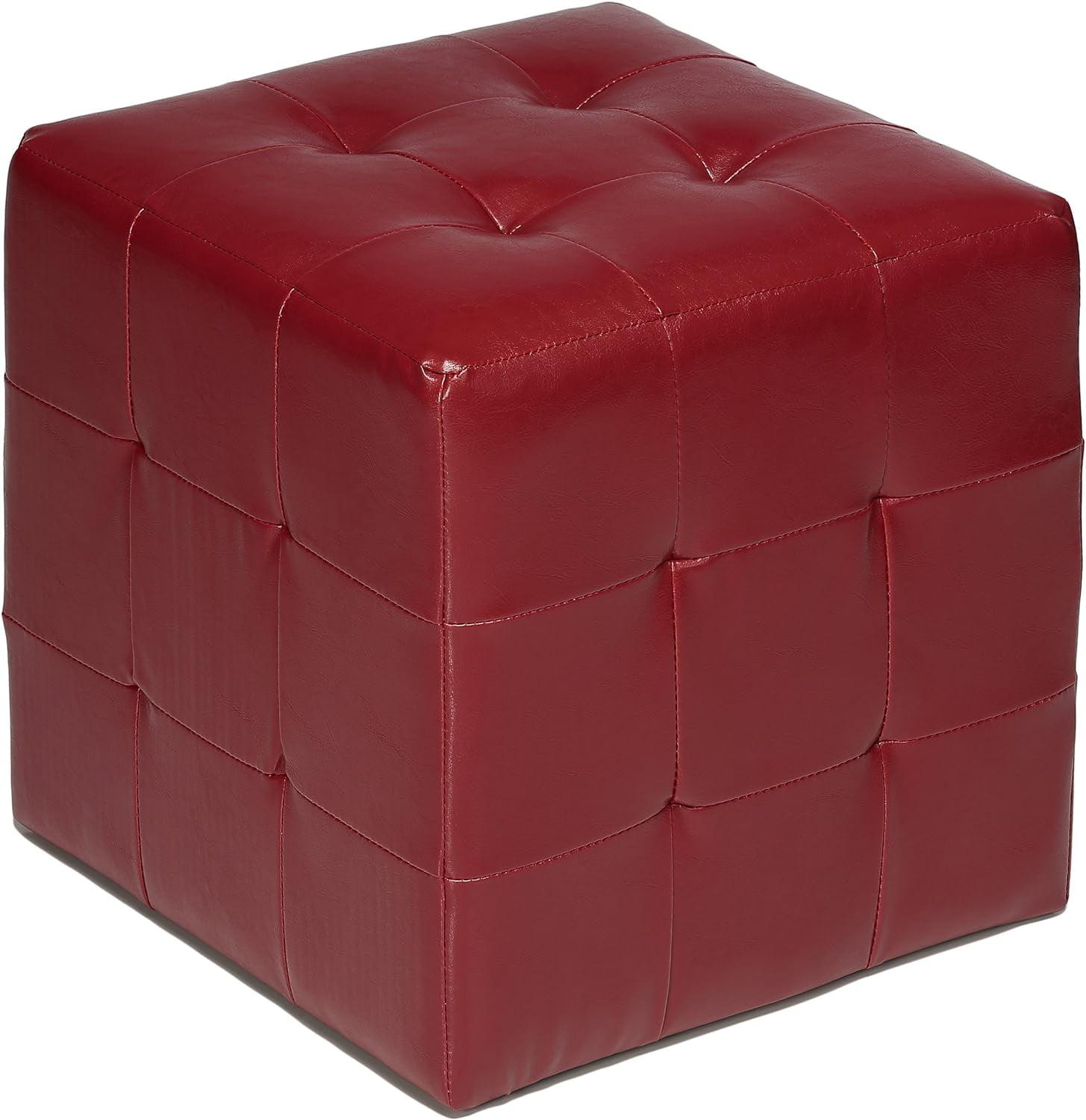 Casual Red Leather Tufted Cube Ottoman with Non-Marking Feet