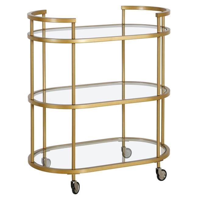 Evelyn Oval Brass Bar Cart with Tempered Glass Shelves