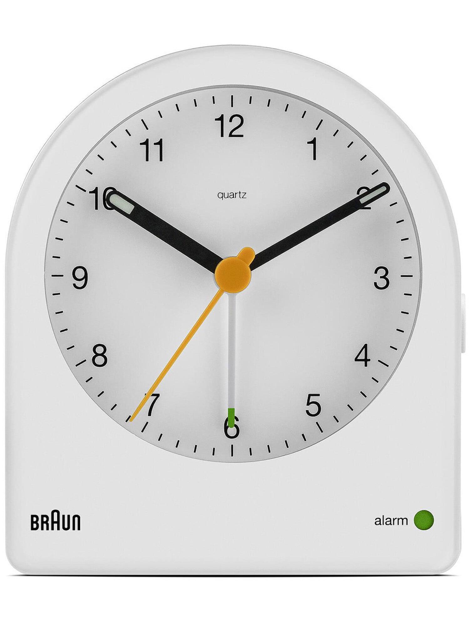 Braun Classic Analogue Alarm Clock with Snooze and Continuous Backlight, Quiet Quartz Movement, Crescendo Beep Alarm in White, model BC22W.