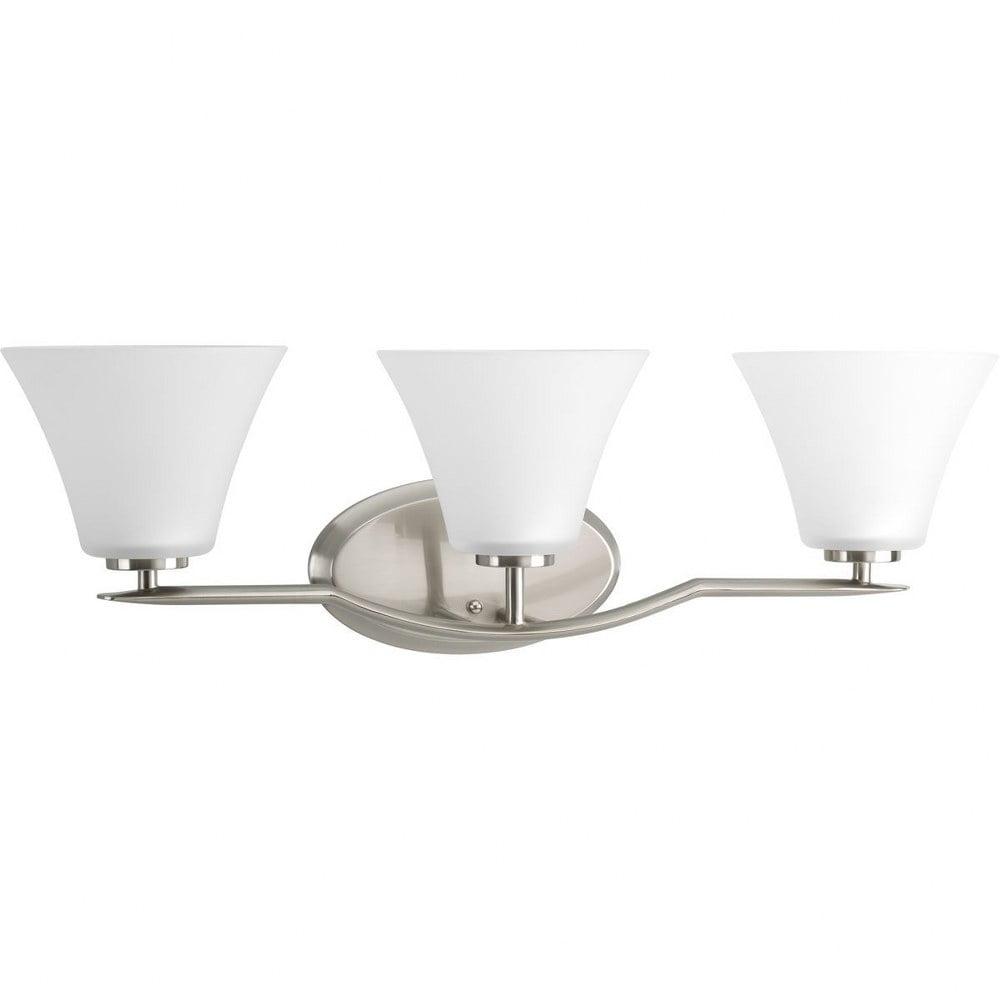 Progress Lighting Bravo Collection 3-Light Bath Wall Light in Brushed Nickel with Etched Glass Shades