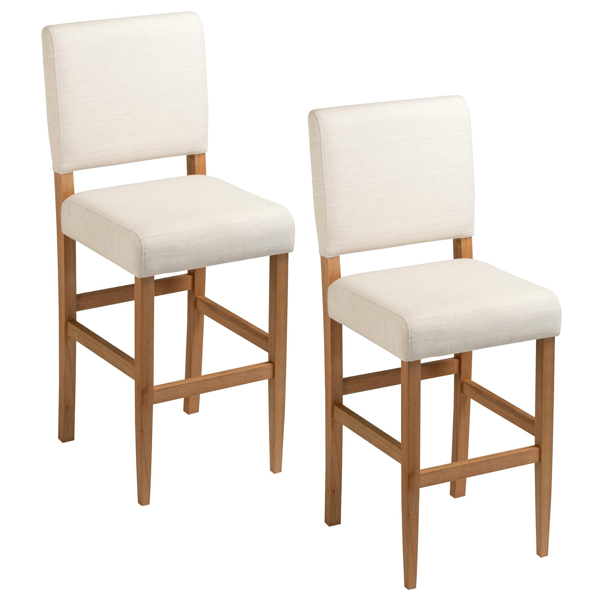 Natural White Sand Upholstered Bar Height Stools with Wood Base, Set of 2