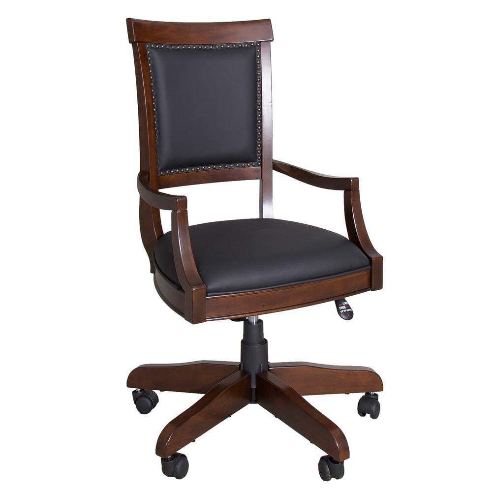 Traditional Cognac Brown Leather & Wood Swivel Desk Chair