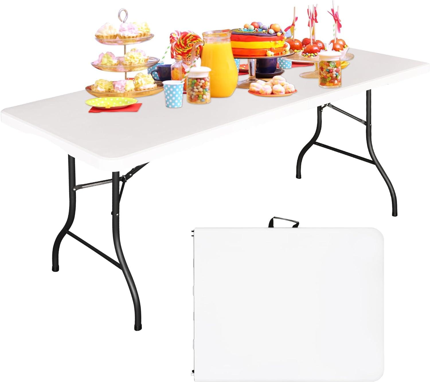 6-Foot White Heavy Duty Folding Table with Steel Legs