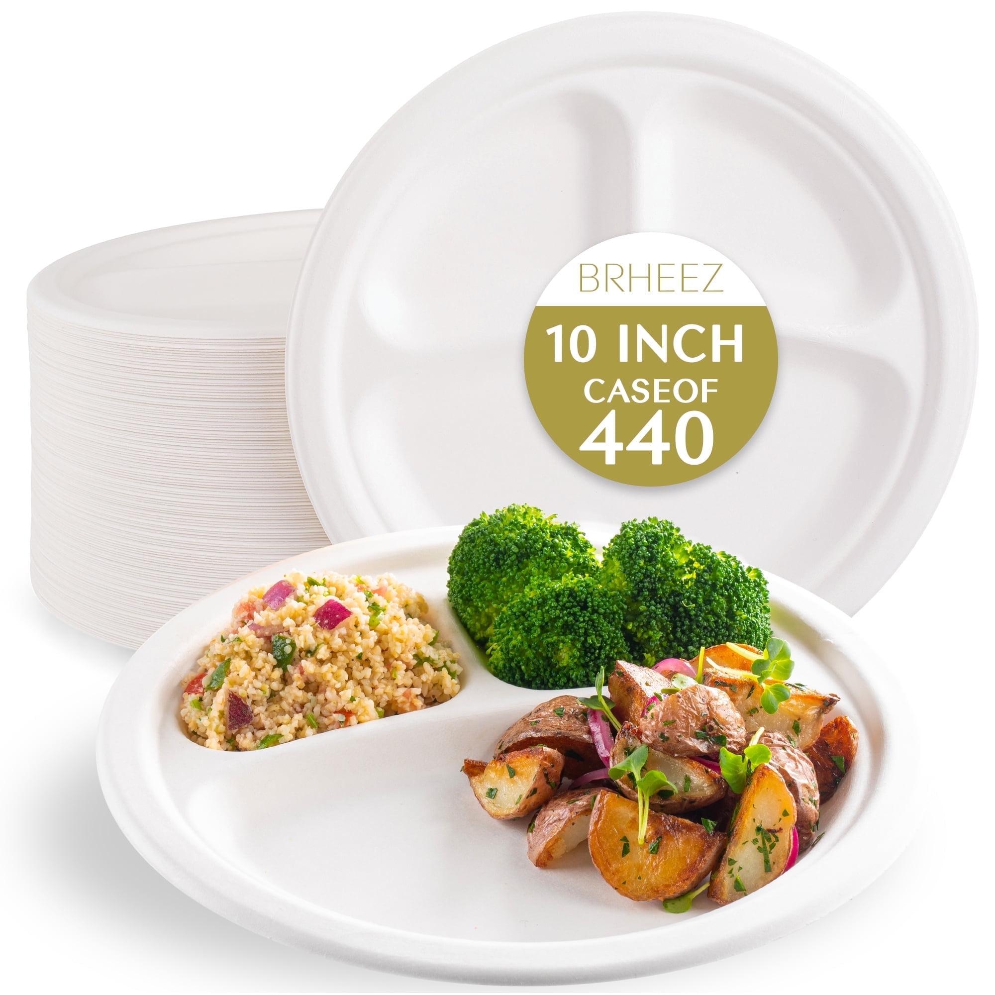 Brheez Heavy Duty Round 3-Compartment Disposable Plates - 100% Biodegradable & Compostable Sugarcane, 10", 440-pack