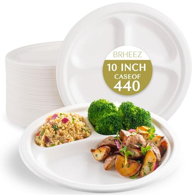 Brheez Heavy Duty Round 3-Compartment Disposable Plates - 100% Biodegradable & Compostable Sugarcane, 10", 440-pack
