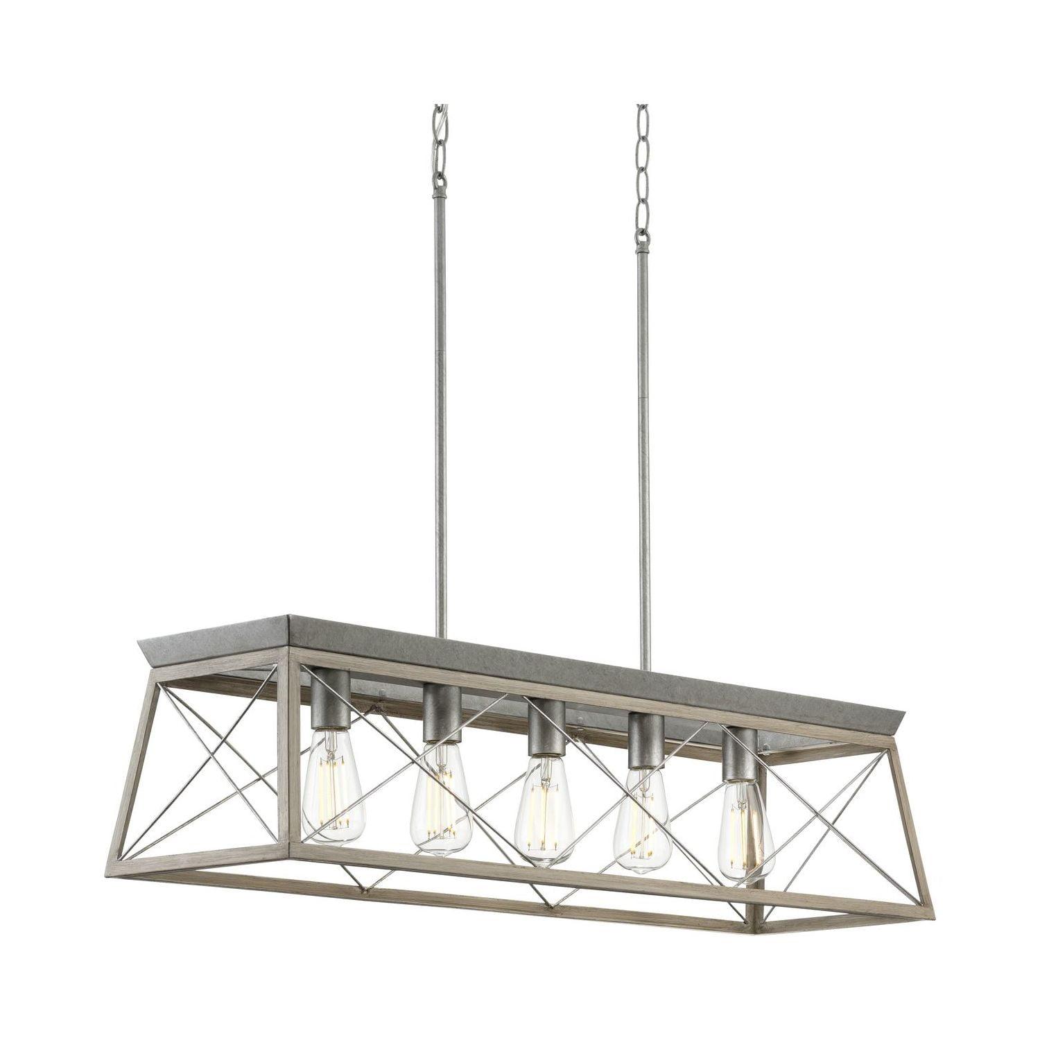 Progress Lighting Briarwood 5-Light Linear Chandelier, Galvanized Finish, Steel Material, Faux-Painted Wood Enclosure