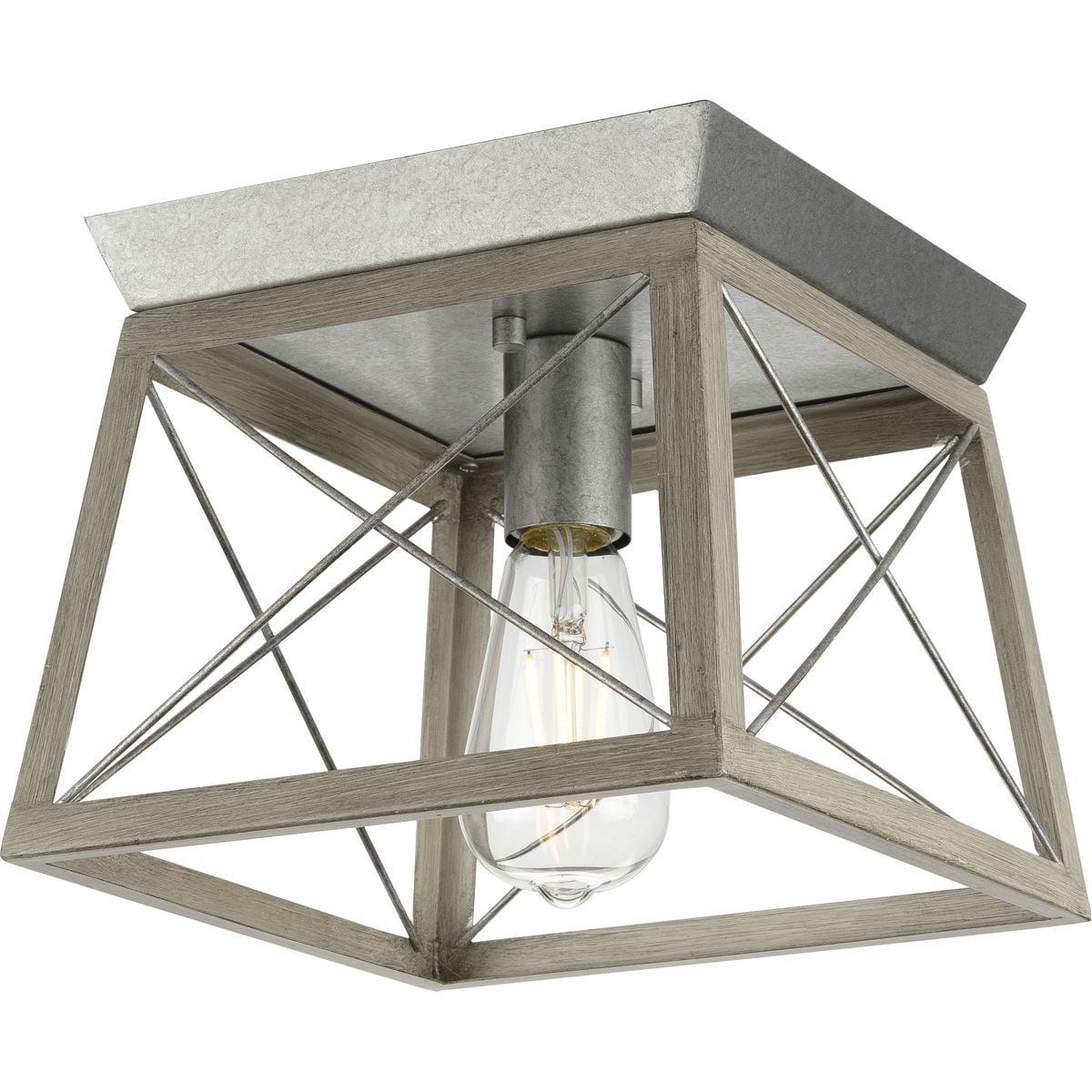 Progress Lighting Briarwood 1-Light Flush Mount, Galvanized, Faux-Painted Wood Shade