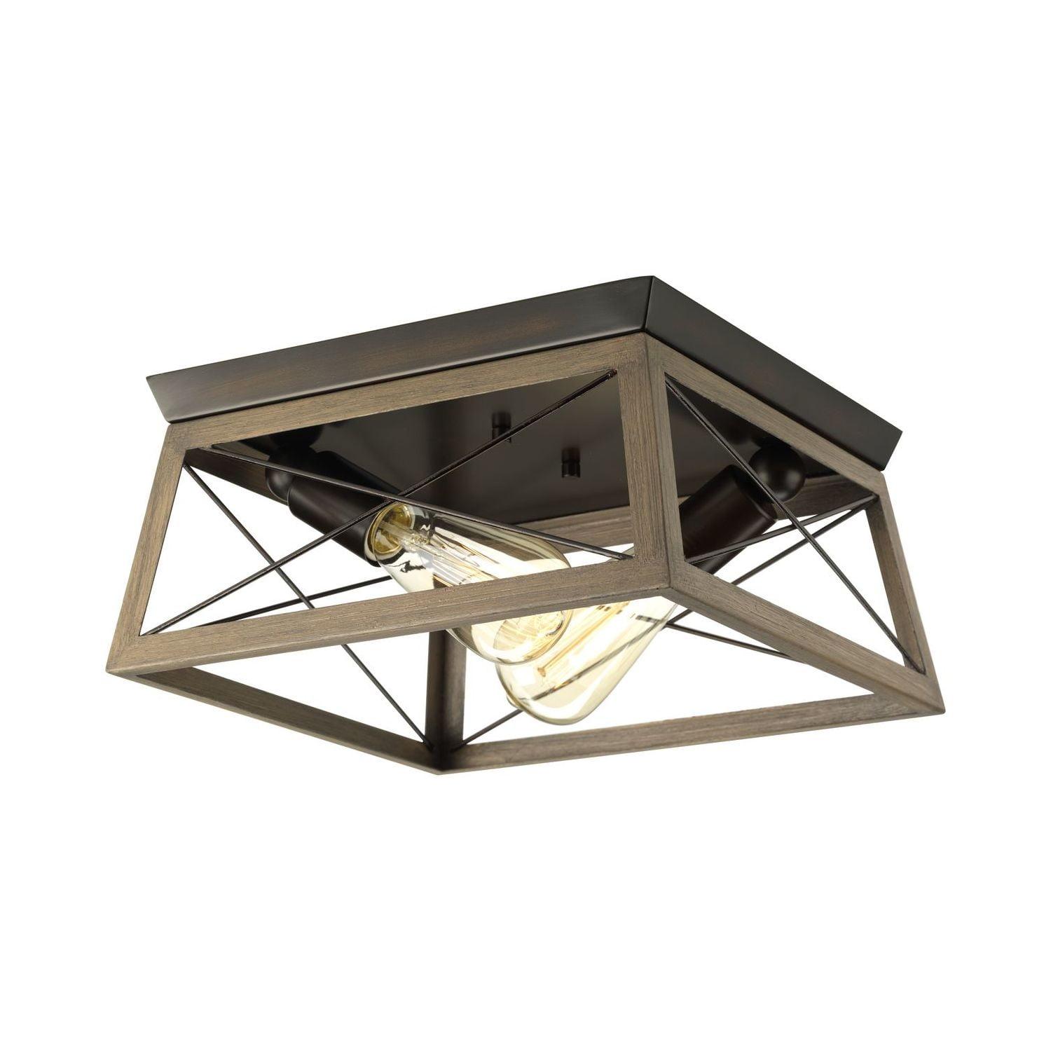 Progress Lighting Briarwood 2-Light Flush Mount, Antique Bronze, Faux-Painted Wood Enclosure, Canopy Included