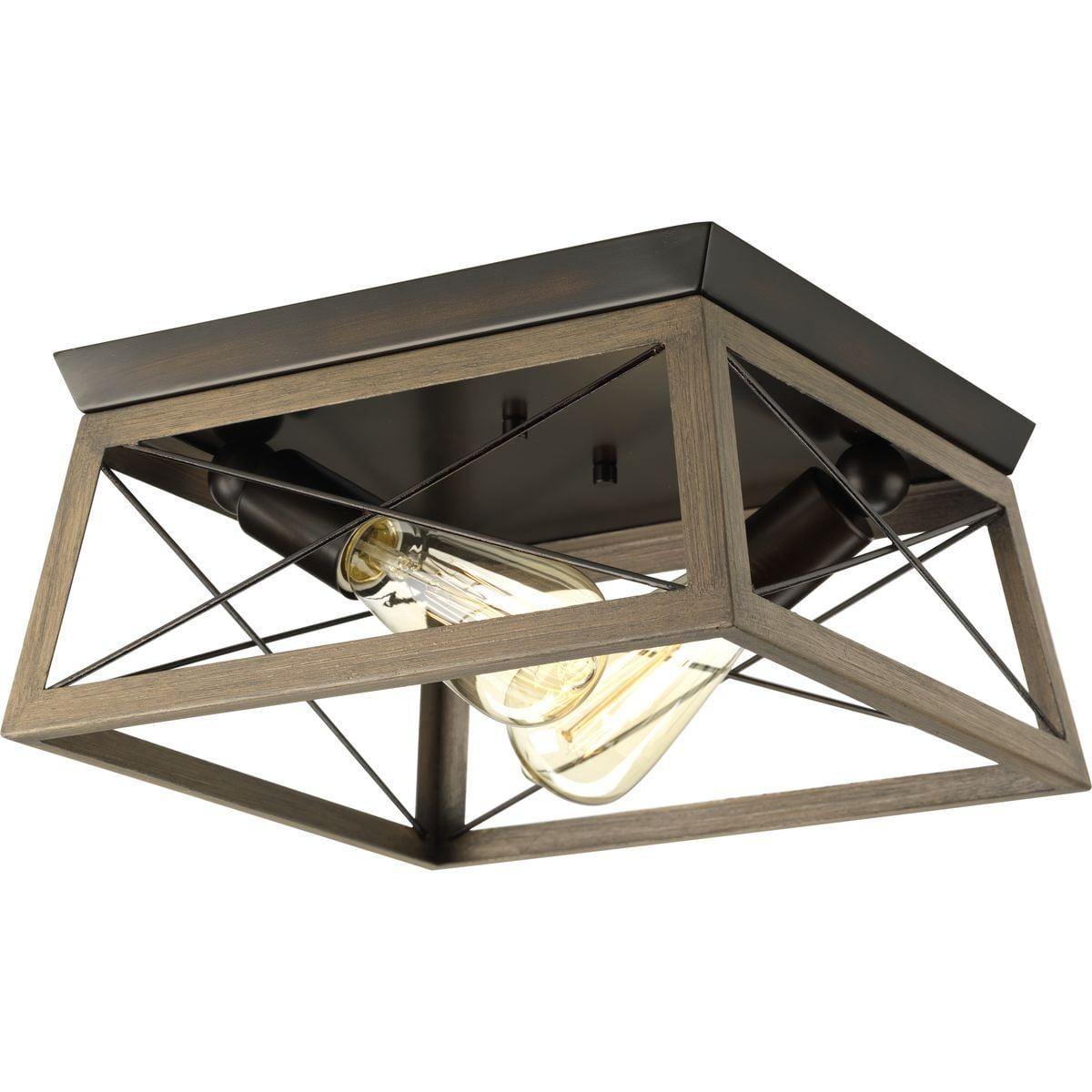 Progress Lighting Briarwood 2-Light Flush Mount, Antique Bronze, Faux-Painted Wood Enclosure, Canopy Included