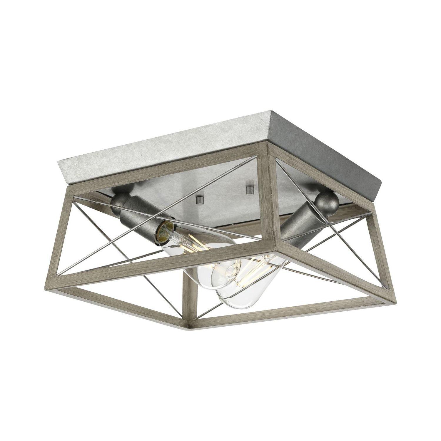 Progress Lighting Briarwood 2-Light Flush Mount, Galvanized Steel, Faux-Painted Wood Enclosure