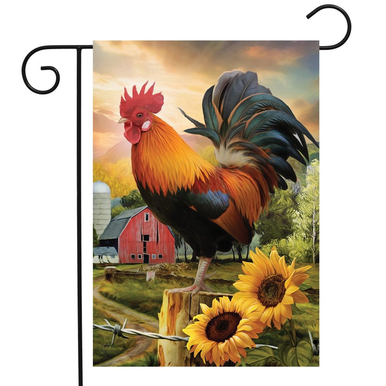 Fancy Rooster Summer Garden Flag with Sunflowers