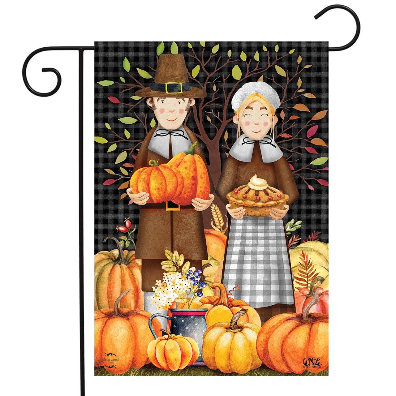 Pilgrims Thanksgiving Garden Flag Pumpkins Pie 18" x 12.5" Briarwood Lane