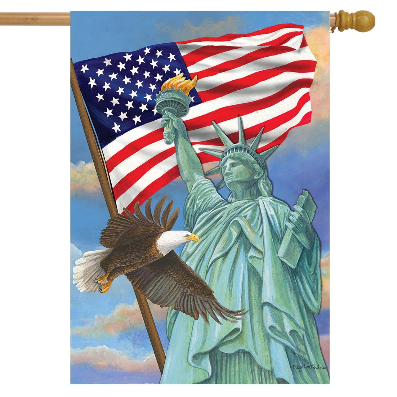 Symbols of Freedom Patriotic House Flag with Statue of Liberty and Eagle