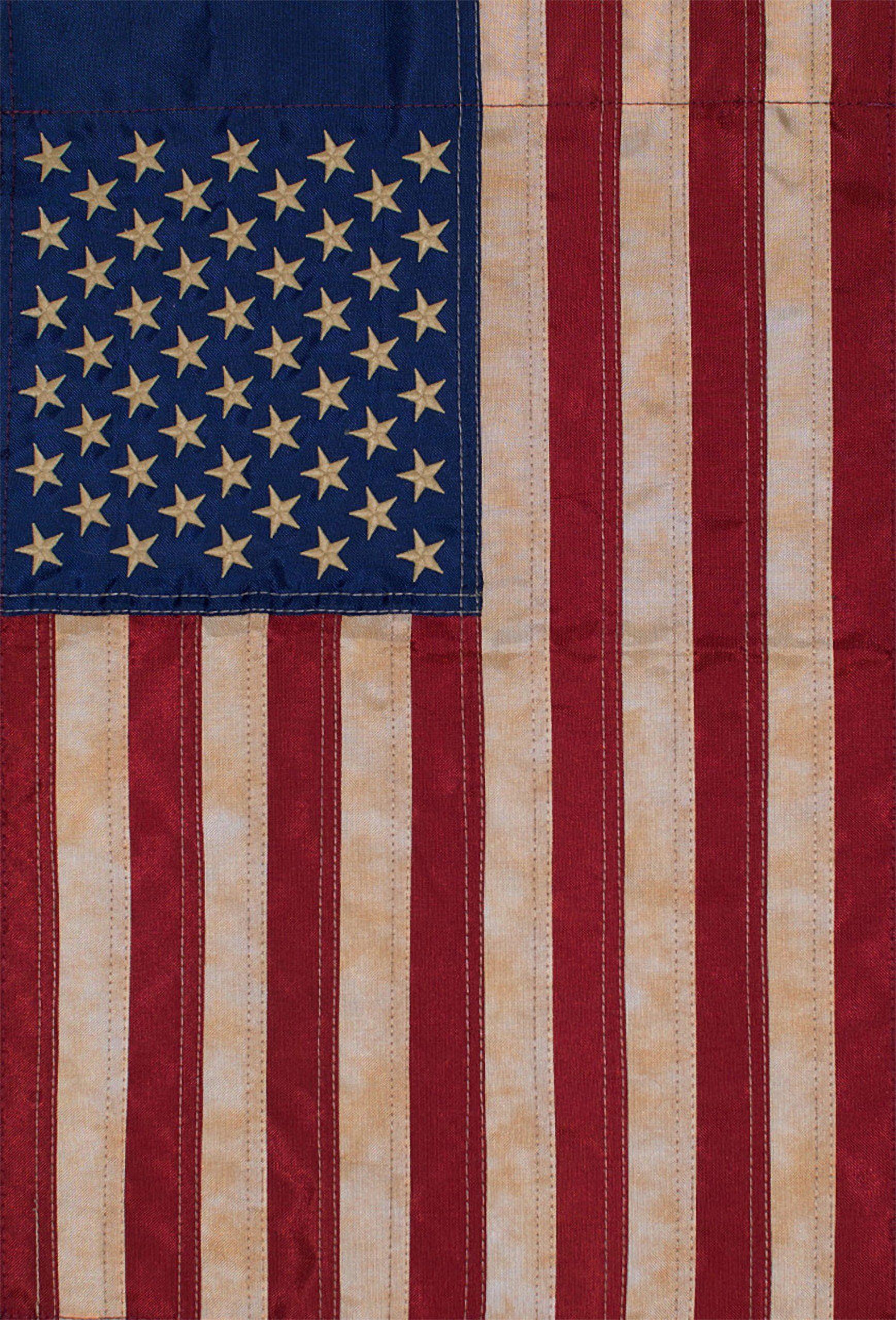 Tea Stained Embroidered American Flag House Flag 28" x 50"