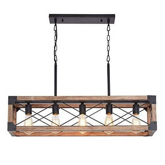 Bribyit Kitchen Island Lighting, 33.5-Inch 5 Lights Farmhouse Linear Chandelier for Dining Room Pool Table Pendant Light Fixture, Rustic Wood Grain Finish, Industrial Pendant Light