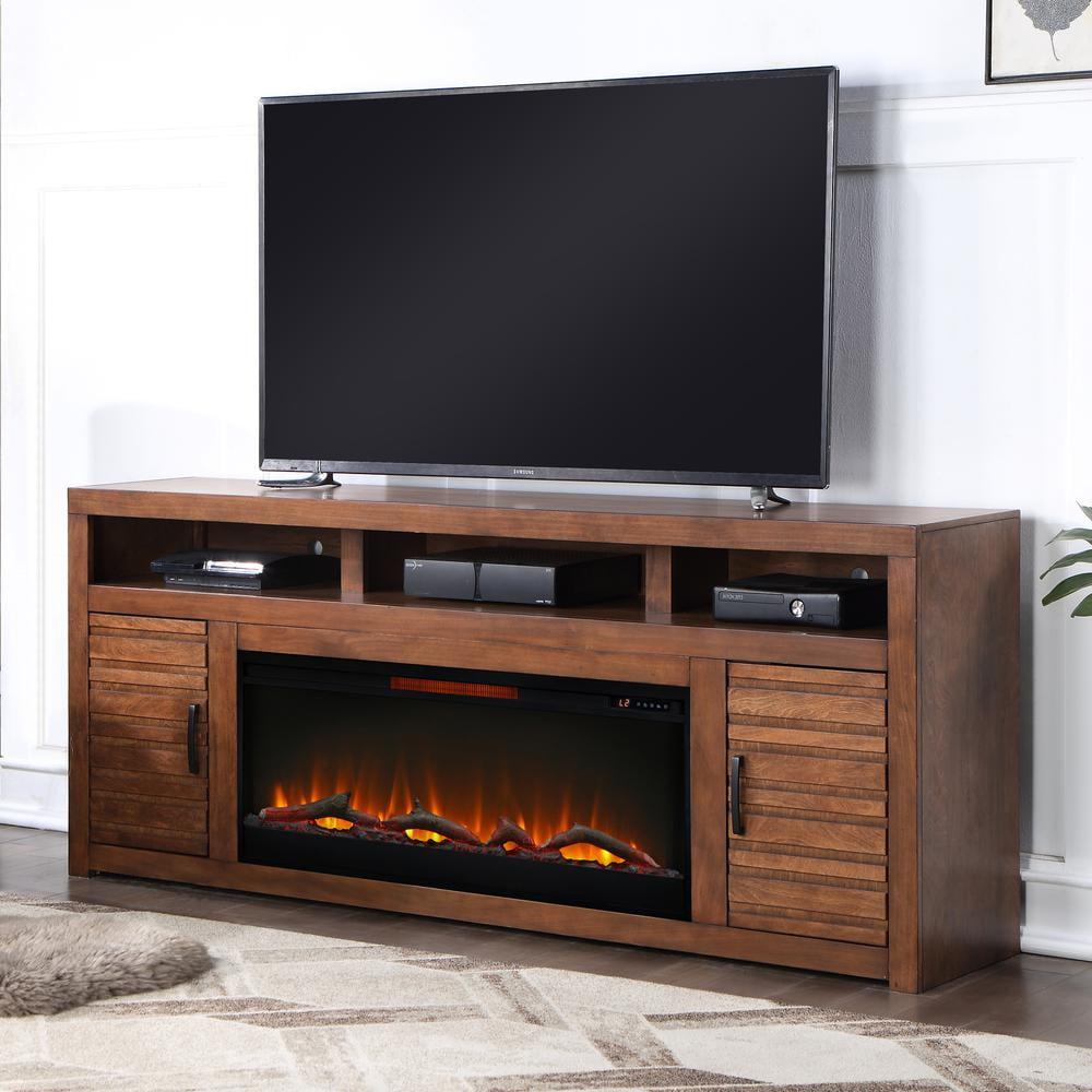 Rustic Knotty Alder 78'' Black and Brown Fireplace TV Stand with Cabinet