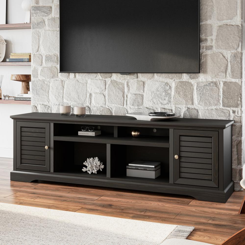 Black Solid Wood TV Stand with Cabinets and Fireplace