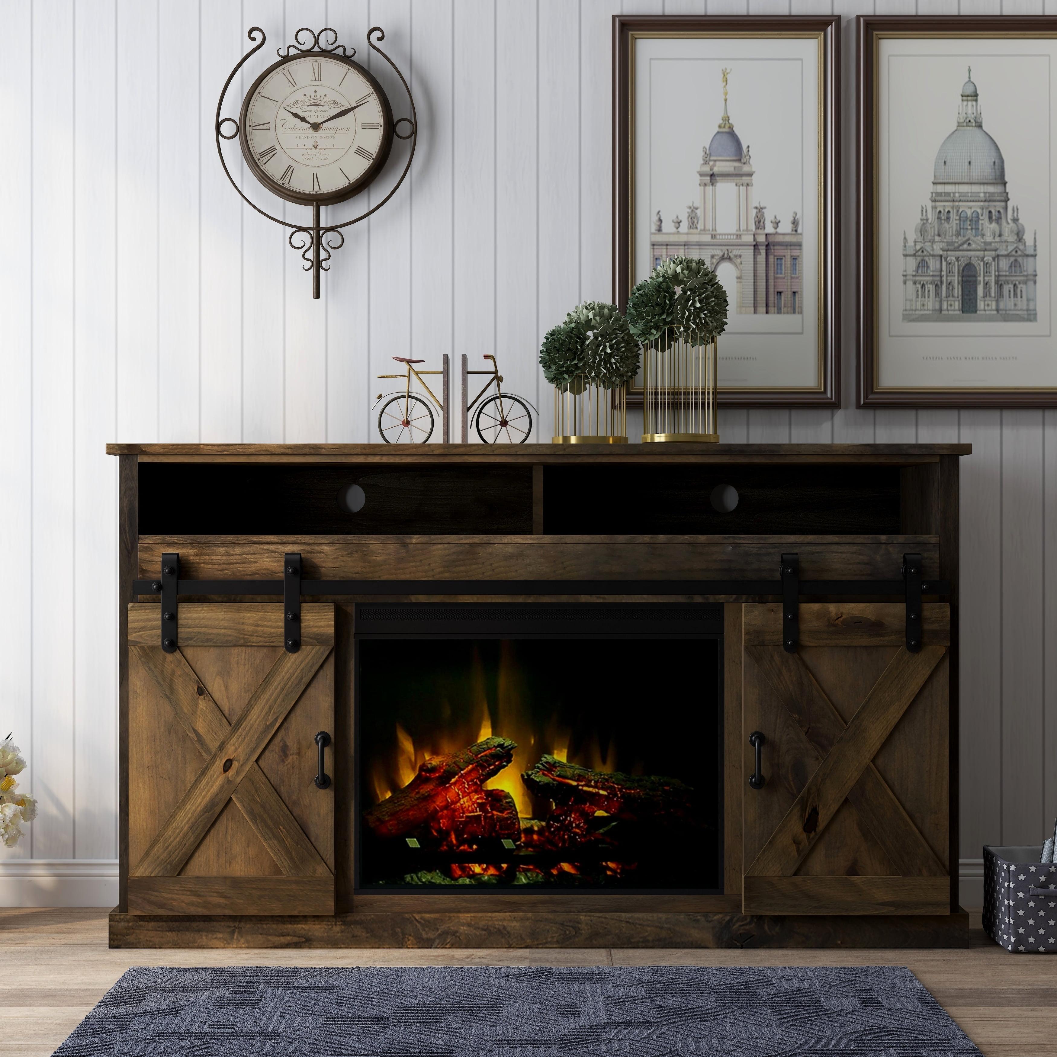 Barn Wood 66" Rustic Farmhouse Fireplace TV Stand