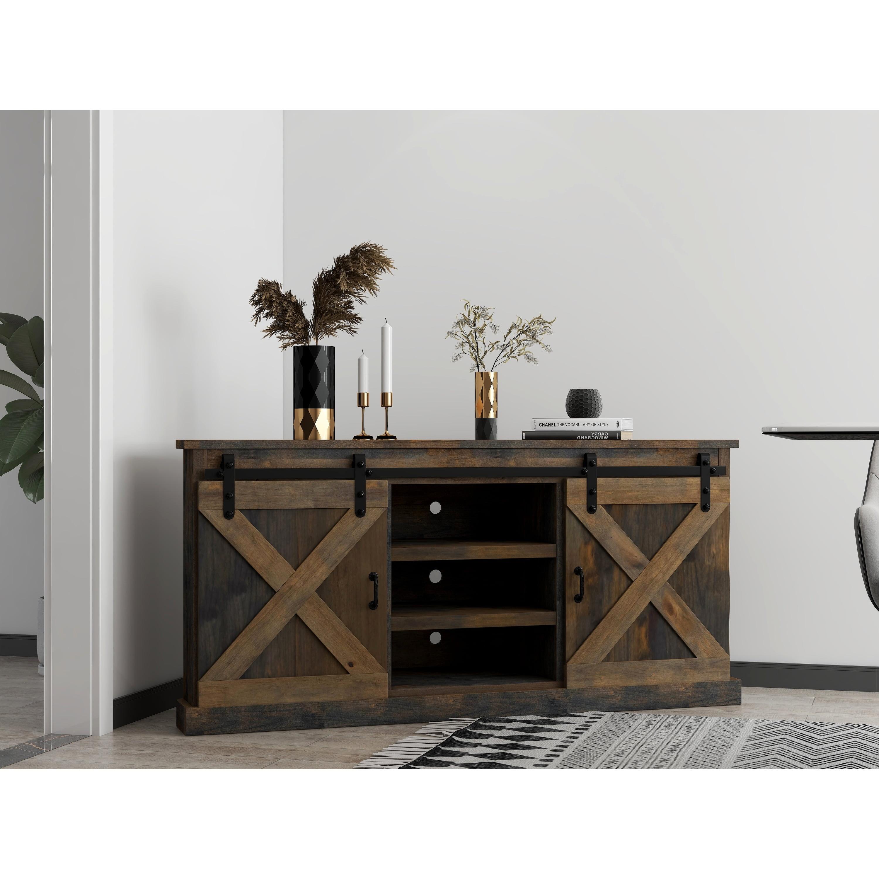 Bridgevine Home Modern Farmhouse Fully Assembled Corner TV Stand with Sliding Barn Style Doors