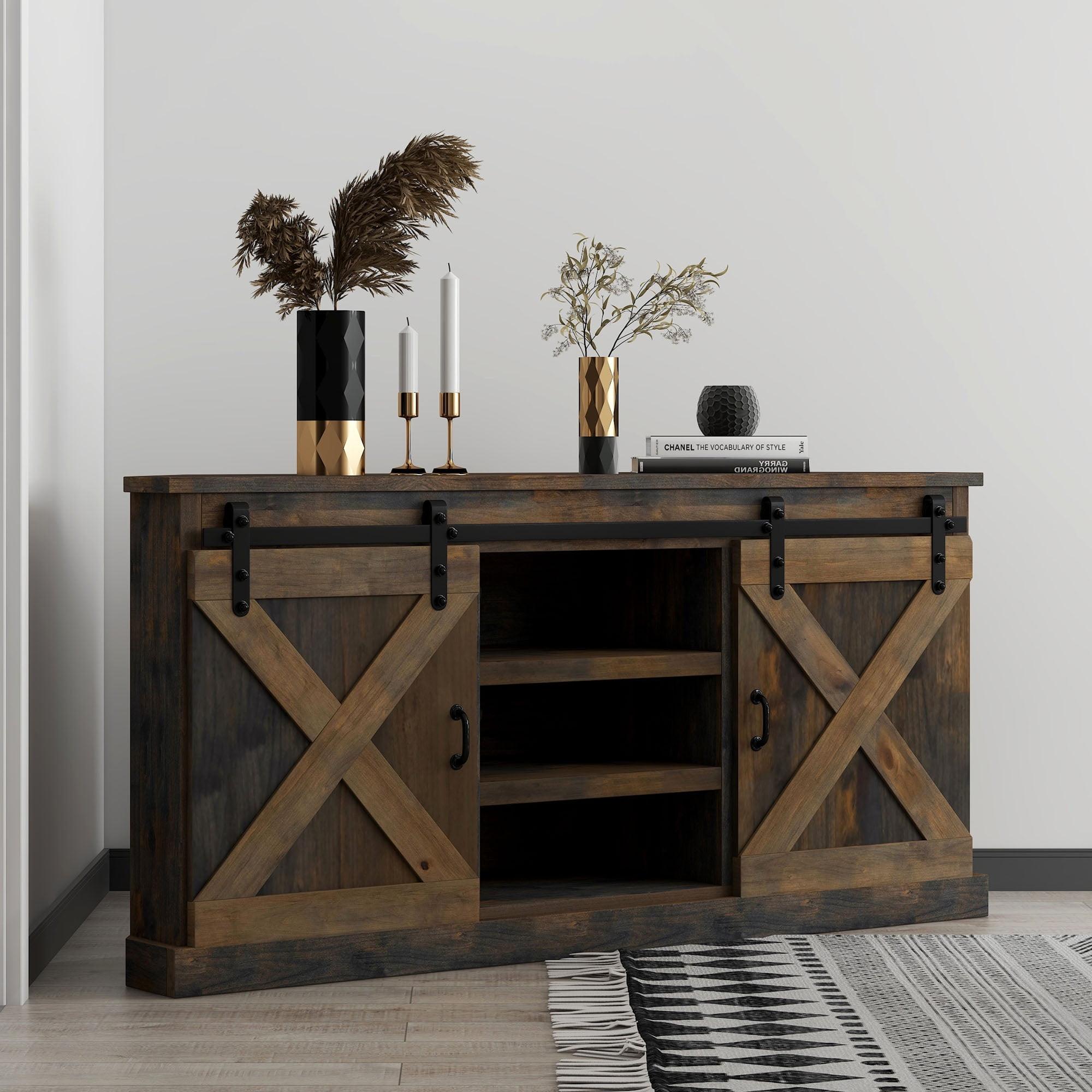 Bridgevine Home Modern Farmhouse Fully Assembled Corner TV Stand with Sliding Barn Style Doors