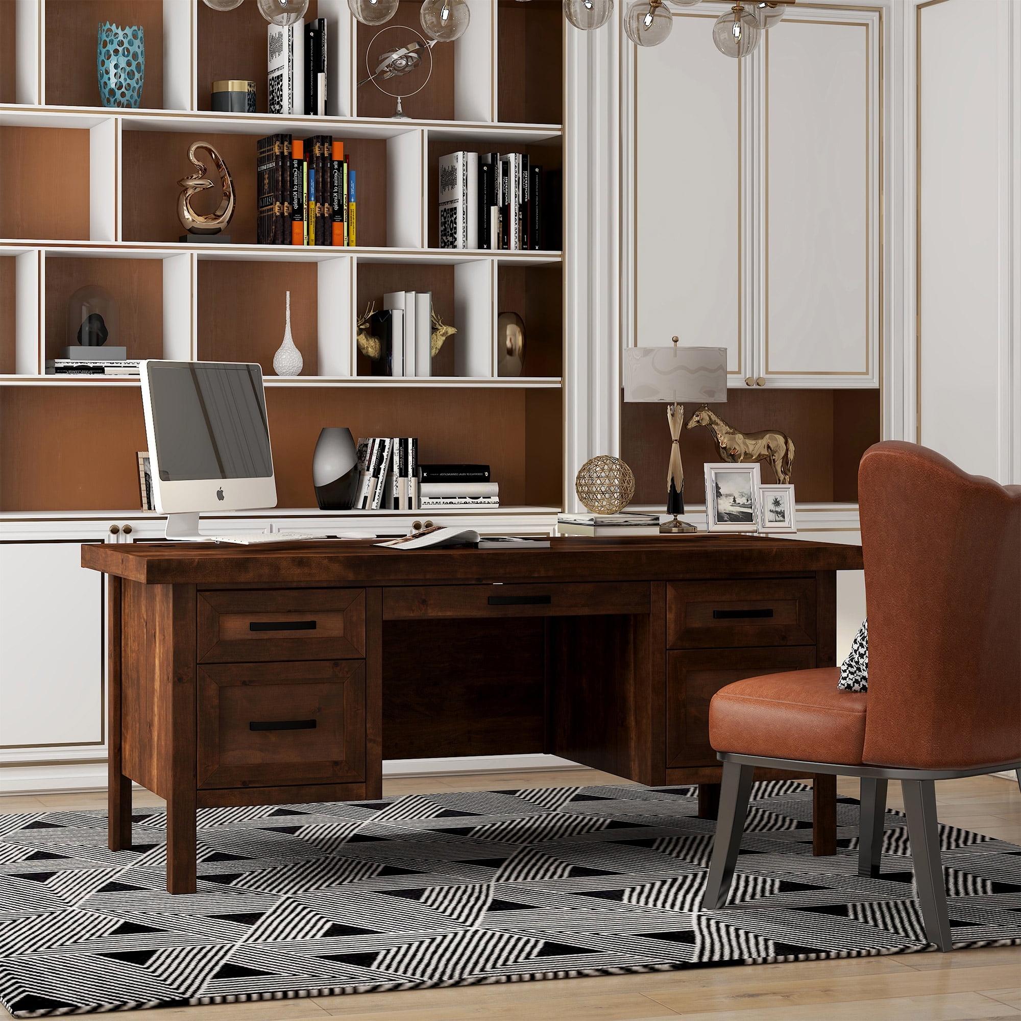 Black Solid Wood Executive Desk with Drawer and Keyboard Tray