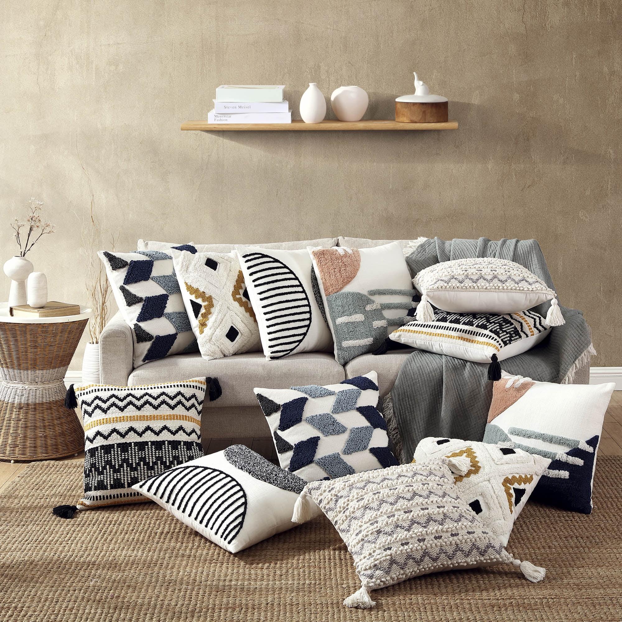 Kai Blue and White Cotton Geometric Textured Throw Pillow Set