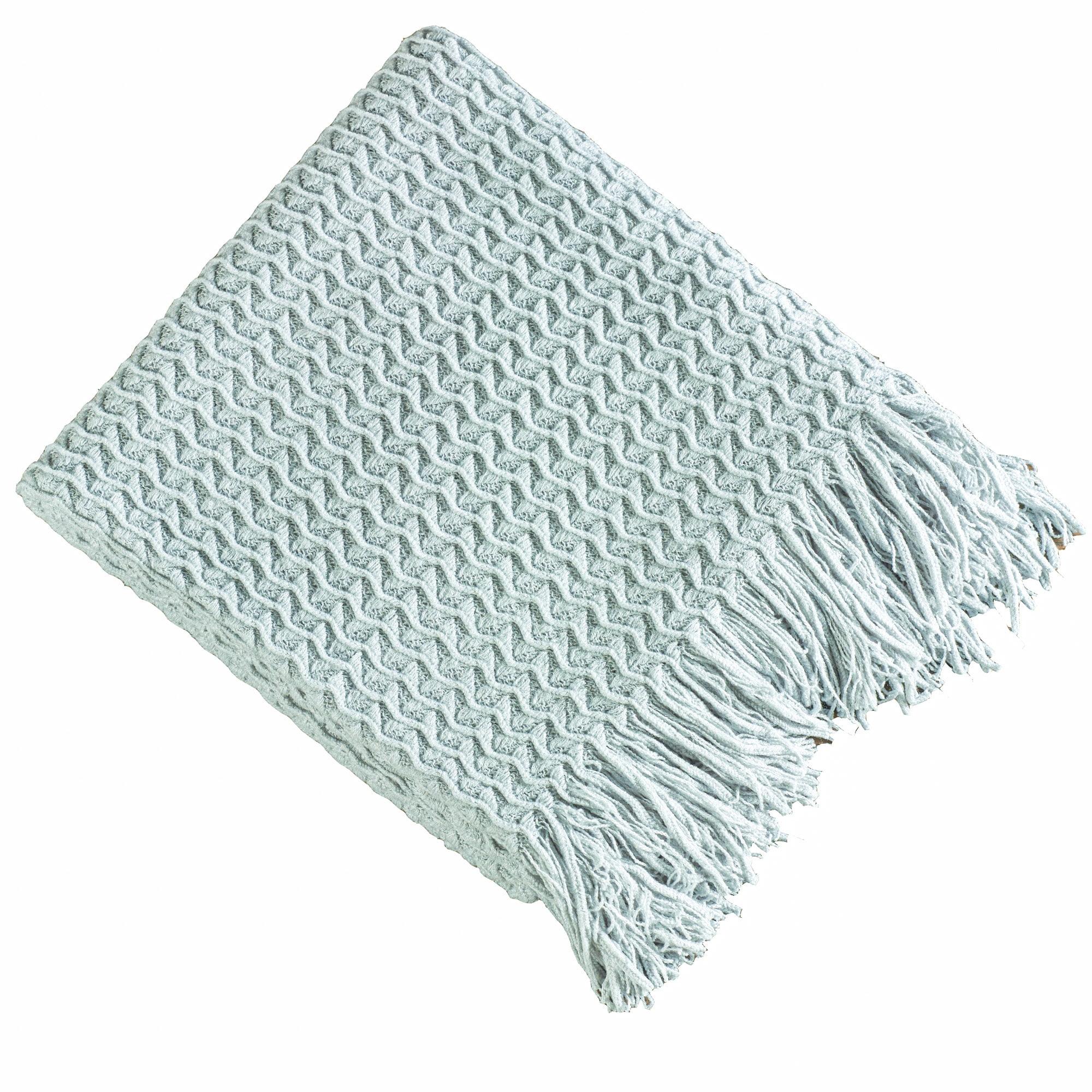 Light Blue Knitted Acrylic Throw Blanket with Fringe