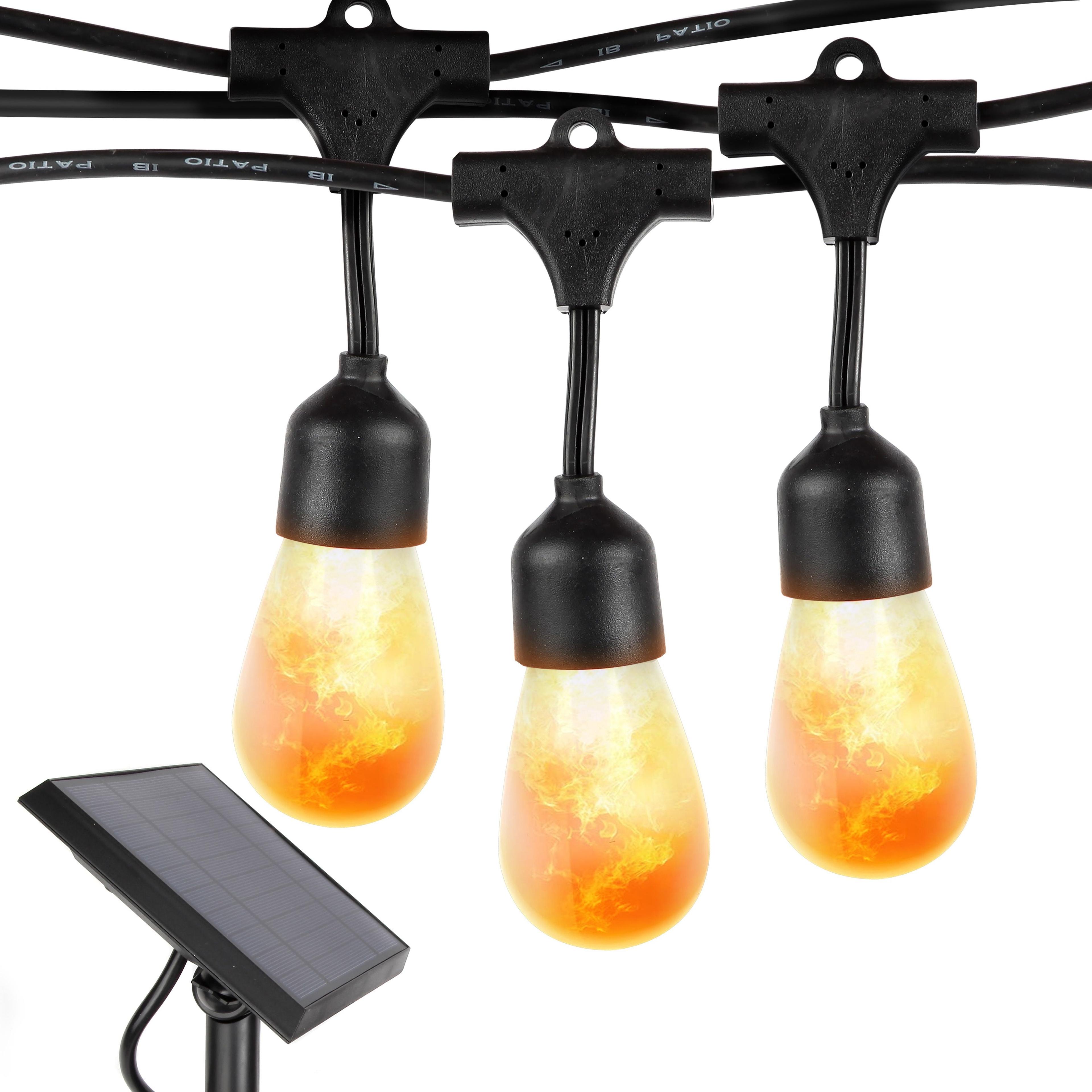 Warm White Solar Powered LED Outdoor String Lights with Flame Bulbs