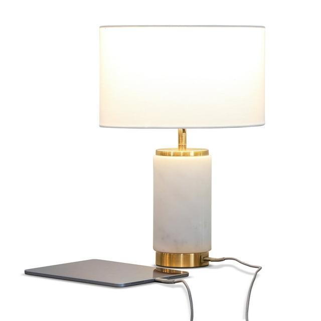 Brightech Arden 17 in. Mid-Century Modern LED Table Lamp with Fabric Drum Shade and USB Port