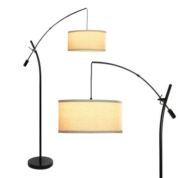 Brightech Grayson 84" Mid-Century Modern Height-Adjustable LED Arc Floor Lamp with Black Finish and Beige Cotton Fabric Drum Shade, Bulb Included